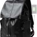 Laptop Travel Backpack For Men Vintage PU Leather Water-Resistant College School Casual 15.6" Laptop Work Backpack Gift For Male Female Black