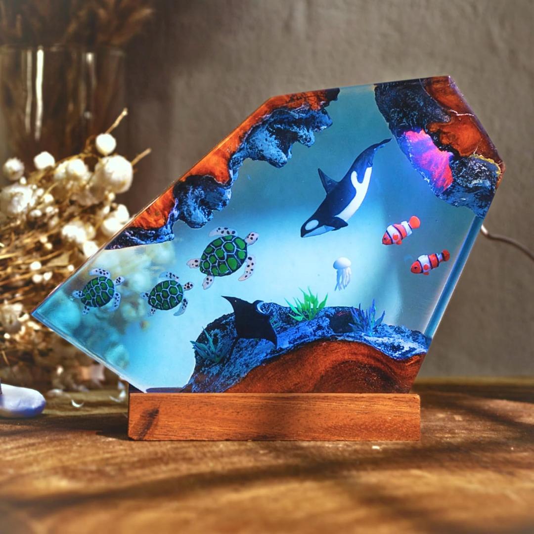 Ocean Resin Lamp  Marine Life Night Light with 16 Color LED, USB Powered Whale Shark & Turtle Desk Lamp with Wooden Base & Remote,Handmade Gift for Christmas, New Year