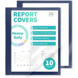 Binditek 10 Pack Heavy-Duty Clear Front Report Covers with 3 Prongs, 100-Sheet Capacity, Plastic Report Folder with Navy Back Covers, 3 Metal Prongs Fasteners, for Letter Size, Office Supplies