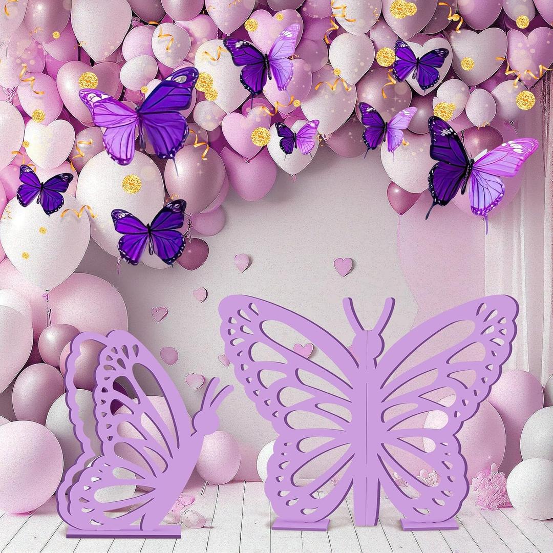 Yousoontic 2 Pcs Large Wood Butterfly Prop 20 Inch and 17.5 Inch Butterfly Standing Wings Cutout Backdrop Decoration for Birthday Baby Shower Wedding Party (Purple)