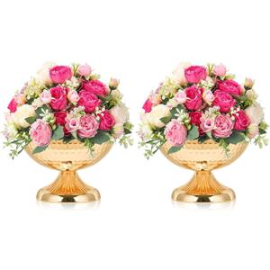 Metal Urn Vases for Centerpieces - 6.3" Tall Flower Pot Planters, Wedding Table Decor, Party Reception, Home Floral Arrangement (2, Gold)