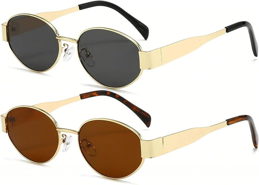 AIEYEZO Retro Oval Sunglasses for Women Fashion Polarized Sun Glasses Oval Metal Frames UV400 Protection Lens (2 Pack (Gold/Grey + Gold/Brown))