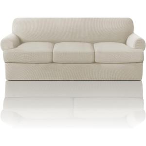 PrinceDeco T Cushion Sofa Slipcover 4 Pieces Sofa Covers for T Cushion Couch Soft Sofa Slip Covers Furniture Protector with 3 Individual T Shape Seat Covers (70"-88"), Island Fossi