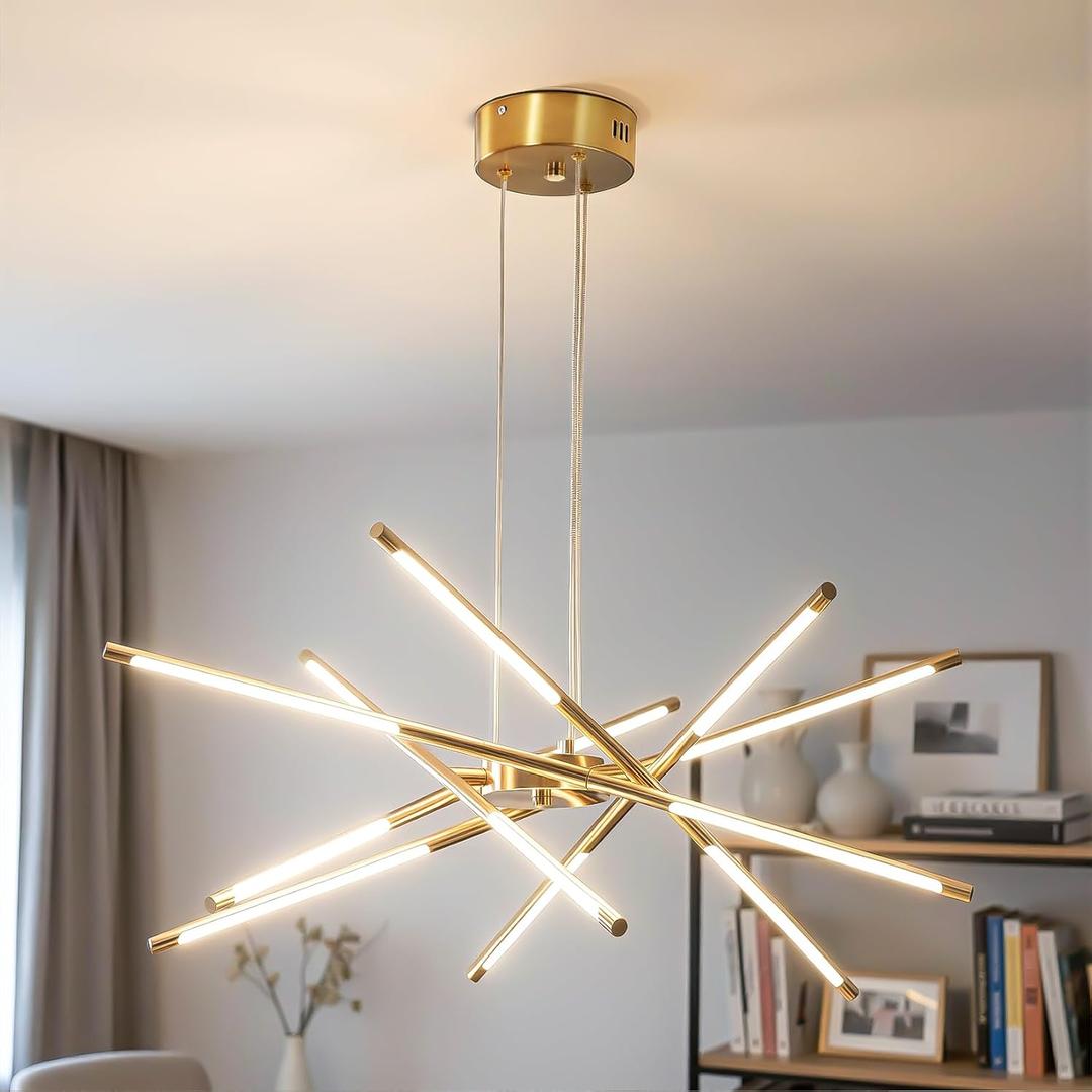 Modern Gold Chandelier, 12-Light LED Linear Pendant Light Fixture, Dimmable Gold Chandeliers for Dining Room, Living Room, Bedroom, Kitchen Island