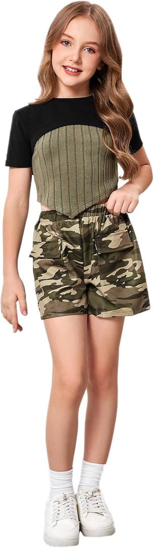 GORGLITTER Girl's Summer Outfits 3 Piece Ribbed Knit Tank Top Short Sleeve Crop T Shirt Camo Shorts Sets Size 8-12 Black and Green 11Y