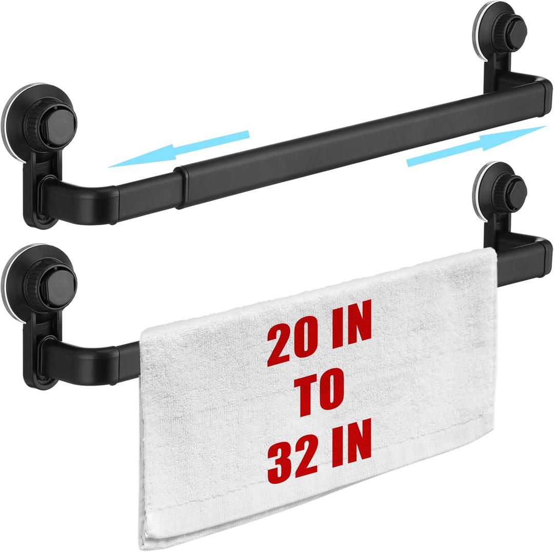 Gisafai 2 Pcs Extendable Suction Cup Towel Bar for Bathroom 20-32 Inches Towel Rack Shower Hanger Rod with Stickers Adjustable Long Holder for Glass Shower Door Wall Bath Kitchen(Matte Black)