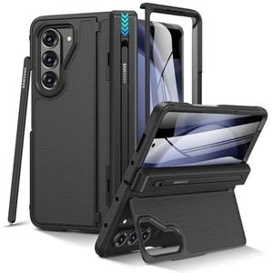 VEGO for Z Fold 5 Case with S Pen Holder, [Hinge Protection] [Screen Protector][Invisible Kickstand] Support Wireless Charging Full-Body Drop Protection Anti-Slip Hard Phone Case for Fold5- Black