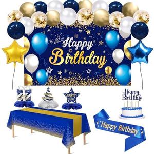 Birthday Decorations Navy Blue Gold - Happy Birthday Banner, Sash, Balloons, Tablecloth, Cake Topper, Candles,Table Decorations - 35pcs Party Decor for Men and Boys