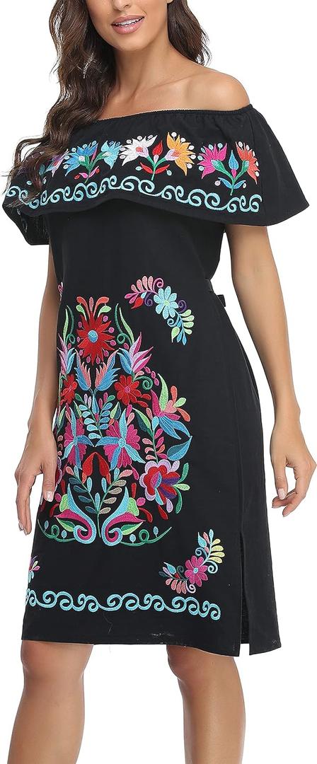 YZXDORWJ Women Mexican Embroidered Dress Ruffle Collar Sleeveless (Medium, 623bkbl)