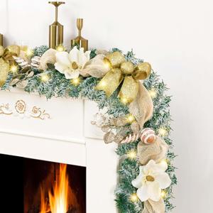 Christmas Garland with Lights, 2 Pack 5.9 FT Luxury Christmas Garland for Mantle, Christmas Flocked Garland with Gold Bows Ribbons Magnolia for Front Door Fireplace Table Home Decor