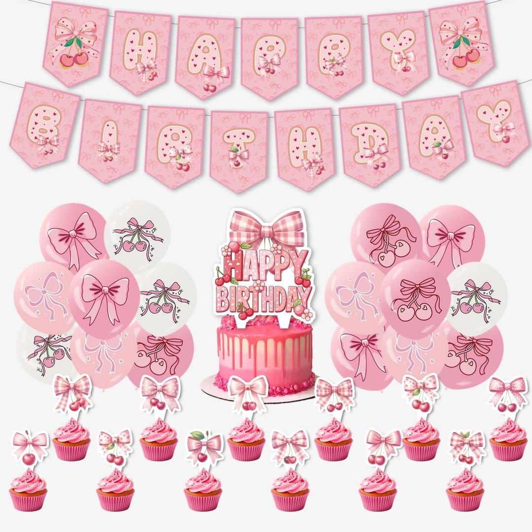 2 x Pink Bow Cherry Birthday Party Decorations Supplies Pink Bow Basketball Party Decorations Includes Happy Birthday Banner Balloons Cake Toppers Cupcake Toppers for Girls