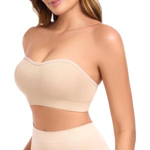 Strapless Bras for Women Non-Slip Padded Bandeau Bra Wireless Tube Top Bra Including Clear Straps (Beige, L)