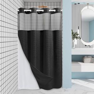 EUTXL Stall No Hook Shower Curtain with Snap in Liner,230GSM Waffle Weave Shower Curtains for Bathroom,60W x 74H,Black
