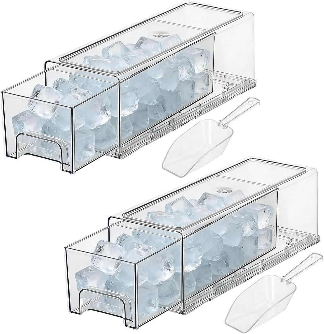 2 Set Ice Bucket for Freezer with Scoop Clear Ice Bin Plastic Stackable Plastic Containe with Pull out Handle Food Storage Organizer Holder for Pantry Freezer Kitchen Rv Fruit Wine Beverage, Small