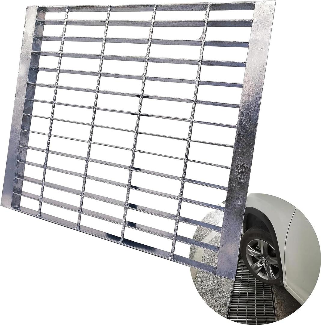 Galvanized Steel Drain Grate with Lip 20x20 in, B-Class 28100 lbs Heavy-Duty Driveway Channel Cover w/Base, Outdoor Trench Drainage Grate, Silver Square Metal Sewer Cover for Garage