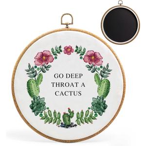 Botanical Cactus Wreath Wall Art Decor, Go Deep Throat A Cactus Wall Decor, Funny Sayings Wall Decor, 10x10"Round Canvas Framed Wall Art, Hanging Wall Decor for Living Room Bedroom Farmhouse