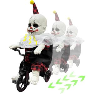 [Moving Back and Forth] Halloween Animatronic 15.5 Clown Ride on Bicycle, Sound Activated Spooky Talking Halloween Decoration Indoor for Haunted House, Party, Storefront