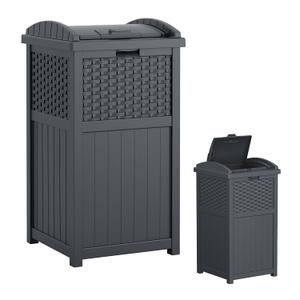 Suncast 33 Gallon Wicker-Style Hideaway Trash Can with Secure Latching Lid and Weather-Resistant Construction for Patio, Cyberspace Grey, Made in The USA
