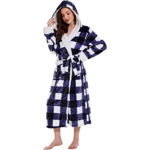 Plush Robes for Women, Hooded Bathrobe Long Fluffy, Womens Fuzzy Fleece Warm Soft Cozy Robe (Blue, XXXL)