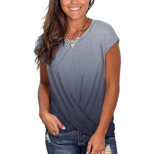 Womens Tops Dressy Casual Short Sleeve Shirts Cute Twist Front Tops Gradient Grey L