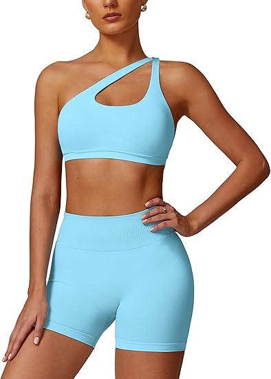ABOCIW Workout Sets for Women Crossover High Waist Biker Shorts One Shoulder Sports Bra 2 Piece Gym Yoga Outfits, XS