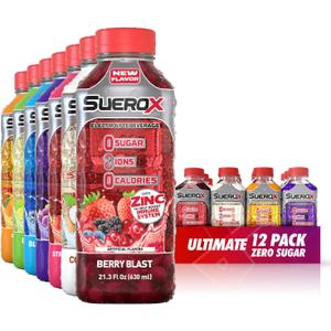 SueroX Zero Sugar Electrolyte Drink for Hydration and Recovery, Unique Blend of Electrolytes & 8 Ions, Zero Calorie Sports Drink, 21.3 Fl Oz, Ultimate Pack, 12 Count