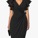 oten Womens Deep V Neck Ruffle Sleeve Sheath Casual Cocktail Party Work Faux Wrap Dress, L