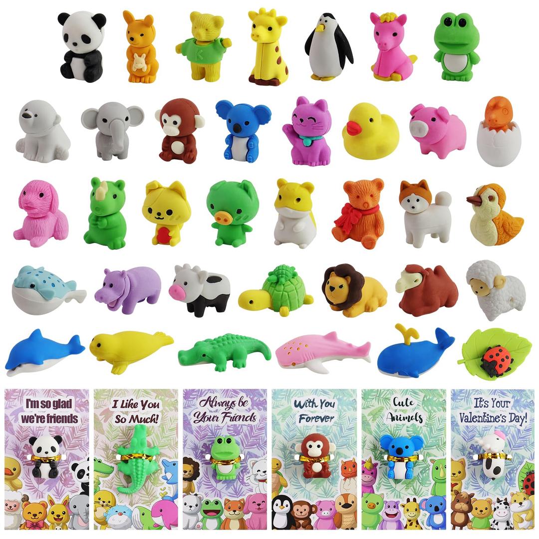 36 Pack Valentines Cards for Kids Classroom, Valentines Erasers for Kids Class Valentine's Greeting Cards with Assembly Cartoon Animal Erasers Toys, Classroom Exchange Gift for Kids Girls and Boys