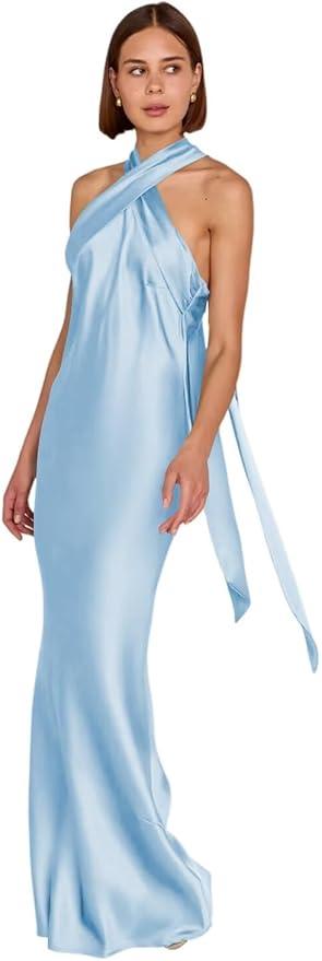 Dessiny Halter Satin Bridesmaid Dresses for Women with Slit Long Bow Pleated Formal Party Dress 2025 DE135 (10)
