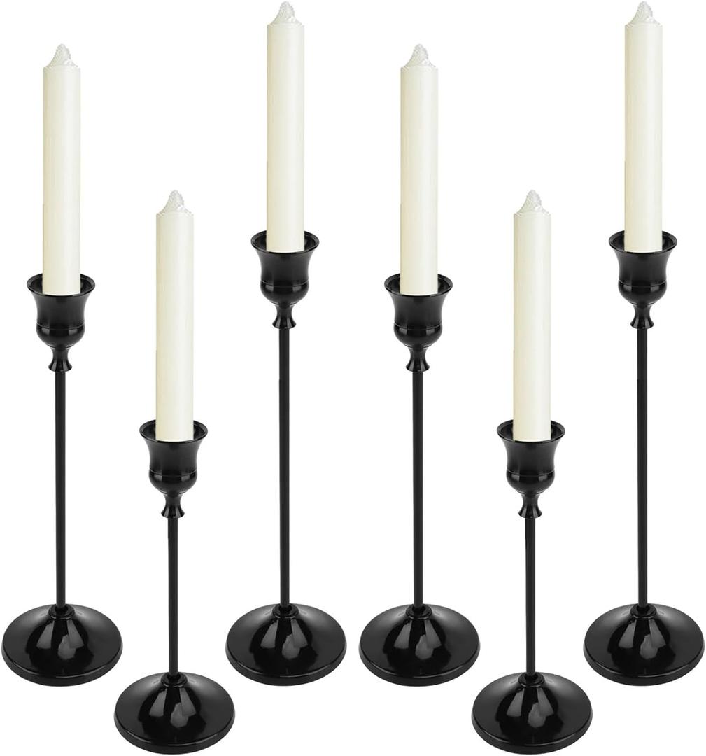 Black Candlestick Holders Set of 6-3 Different Heights Sturdy Metal Taper Candle Stands, Detachable Vintage Design for Weddings & Holidays