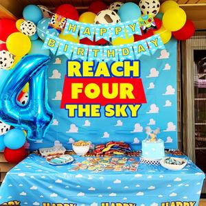 LaVenty Reach Four the Sky Birthday Decorations Cartoon Story Birthday Party Decorations 4th Bday Balloon Garland Arch Backdrop for Boy