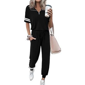 MASCOMODA 2 Piece Outfits for Women 2025 Summer Casual Quarter Zip Short Sleeve Tops Long Pants Tracksuit Jogger Lounge Sets (Small)