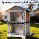 Outdoor Cat House with Insulated Liner, Weatherproof for Feral Multi Cat, 2 Story Plastic Elevated Cat Shelter with Escape Door, Scratching Post, Stainless Steel Bowl, Grey 21.5" D x 21" W x 34" H