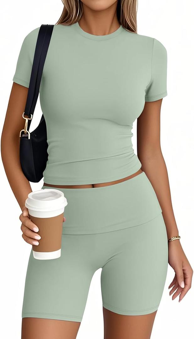 Trendy Queen Womens 2 Piece Workout Sets Short Matching Lounge Sets Summer Clothes Going Out Gym Outfits (Medium, Grassgreen)