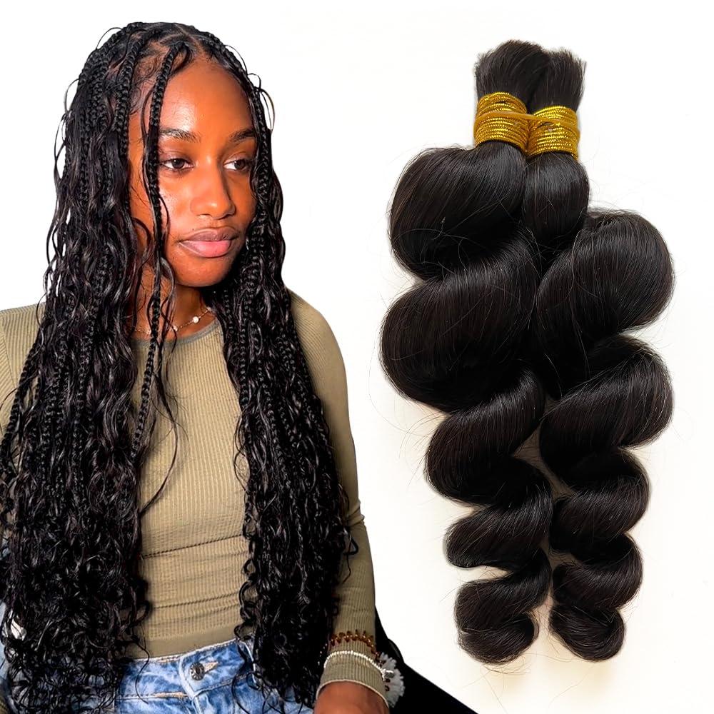 Bulk Human Hair Loose Wave - 3 Bundles (300g) Weft-Free Seamless for Box & Boho Knotless Braids 16 Inch Natural Black