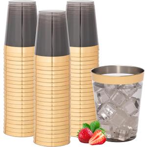 supernal 200 Pcs Gold and Black Plastic Cups,10Oz Gold Rimmed Disposable Cup,Heavy-Dut yPlastic Cocktail Cup for Party,Disposable party Wedding Cups,Perfect for Holiday,Birthday Party