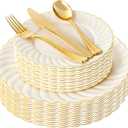 YOUBET 125PCS Scalloped Plastic Plates - Ivory Scalloped Disposable Plates - Gold Plastic Dinnerware Set Include 50 Plates, 75 Gold Silverware for Party & Wedding