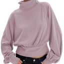 Ziqoty Womens Mockneck Sweatshirt Cropped Oversized Turtleneck Top Balloon Sleeves Pullover Casual Loose Fitting Tops(Pinkpurple-M) (M)