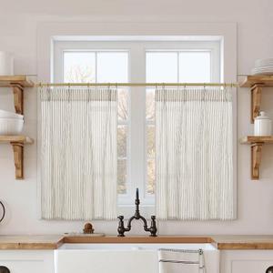 Lino Rosa Taupe Striped Kitchen Pinch Pleat Small Curtains with Hooks 20 Inch Length for Bathroom Windows