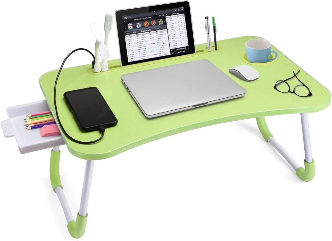 Slendor Lap Desk with Tablet Slot, Foldable Laptop Table with Storage Drawer for BedPortable Bed Desk for Laptop, Computer Tray with Cup Holder Notebook Stand Reading Holder for Couch Floor, Green
