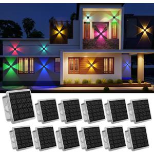 AUDLES Solar Fence Lights Outdoor, IP67 Waterproof 4-Sided Glow Solar Wall Lights, RGB 8 Modes Color Changing Solar Garden Light for Patio Pool Step Porch Yard-12 Pack