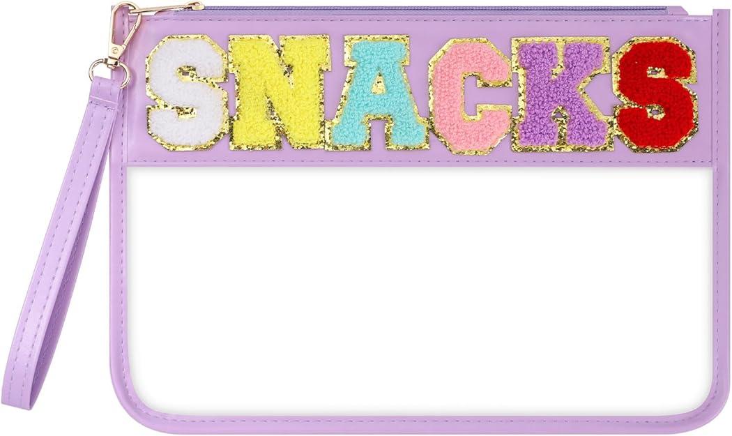 Clear Snack Bag for Travel, Chenille Letter Clear Zipper Snacks Pouch Nylon Cosmetic Bag Makeup Travel Bag for Women