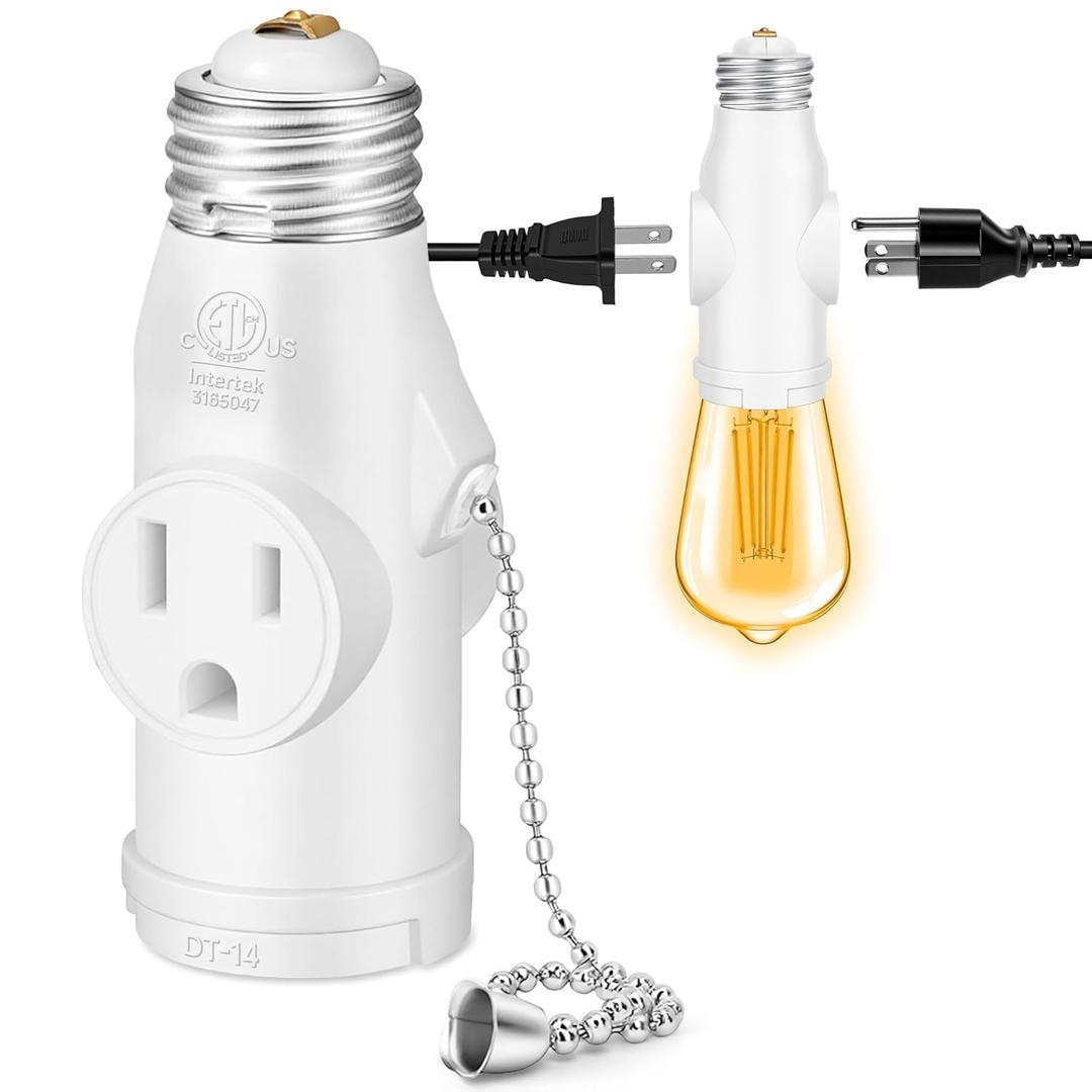 Light Socket to Plug Adapter with Bulb Control Switch, Convert E26 Light Socket to 3 Prong & 2 Prong Outlets and Light Bulb Socket, Polarized Light Bulb Plug Splitter for Garage Porch, ETL Listed