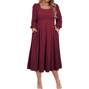 Eytino Womens Plus Size Dresses Long Sleeve Square Neck Midi Fall Sweater Dresses with Pockets,1X Burgundy