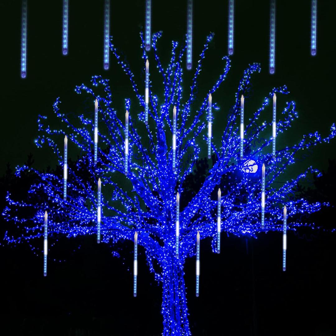 LJLNION Meteor Shower Lights, 12 Inch Outdoor Icicles Christmas Lights, 8 Tubes 288 LED Iciclelights Snow Falling Light, Connectable Raindrop Light, Xmas Wedding Party Tree Holiday Decor, Blue