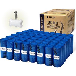 GORILLA SUPPLY 1000 Dog Poop Waste Bags with Dispenser and Leash Tie, 9" x 13", Blue, 1000 Count