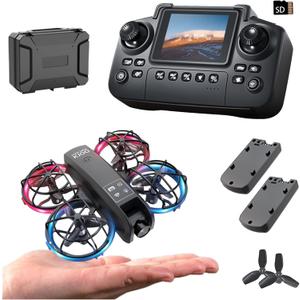 K100 Mini Drone with Screen Controller with SD Card, Two-batteries, Optical Flow Positioning, All-round Protection for Flight Paddles, Suitable for Beginner. (2 batteries - Black)