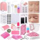 Pretty memory Eyelash Extension Kit for Beginners, 343 Pcs Lash Extension Kit with Everything Includes 2 Mannequin Heads Facial Mister Tweezers Glue USB Fan for Practice Training (Pink)