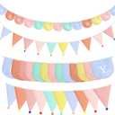 Tegeme 2 Pack Pre-Strung Happy Birthday Pennant Banner, Pastel Scallop Garland Rainbow Triangle Fabric Bunting with Pom Pom for Happy Birthday Party Decorations