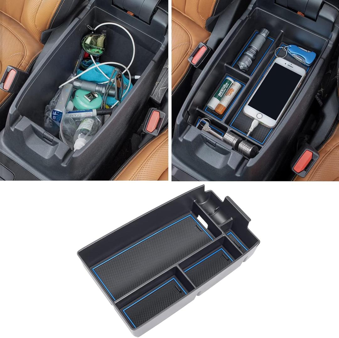 TOPINSTALL Blue Center Console Organizer Compatible with Ford Escape 2020-2025/ Bronco Sport 2021-2025 Accessories, Armrest Box Long Compartment Storage Tray Coin Container